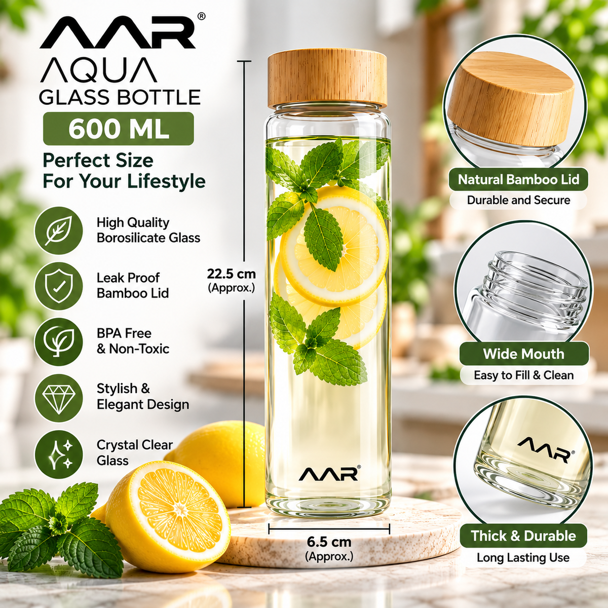 AAR Aqua Glass Bottle 600 ML | Borosilicate Glass Water Bottle with Bamboo Lid | Leak Proof, BPA Free & Reusable | Stylish Bottle for Home, Office, Gym & Travel