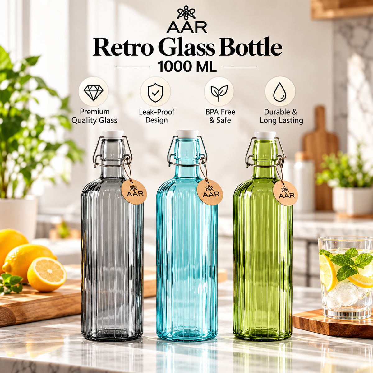 AAR Retro Glass Bottle with Swing Top Leakproof Cap | Stylish Reusable Glass Water Bottle for Home, Office & Kitchen