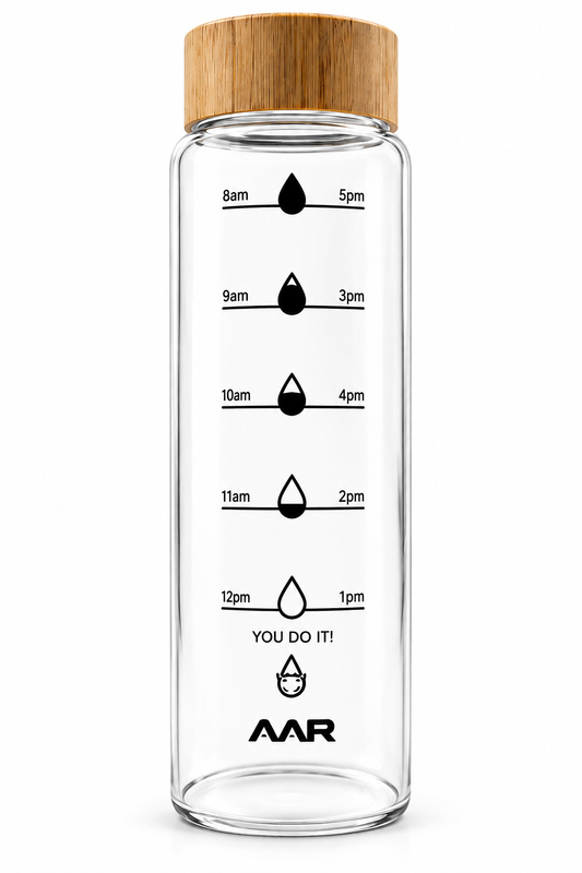 AAR Hydrate Glass Water Bottle 1200 ML with Bamboo Cap, Time Marker, Reusable Drinking Bottle for Home, Office, Gym & Travel