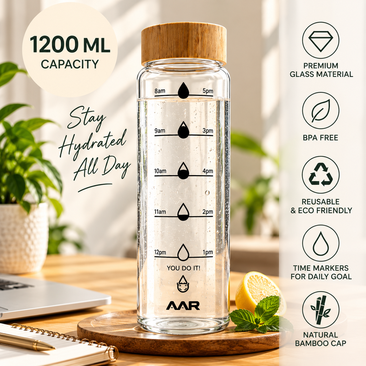 AAR Hydrate Glass Water Bottle 1200 ML with Bamboo Cap, Time Marker, Reusable Drinking Bottle for Home, Office, Gym & Travel
