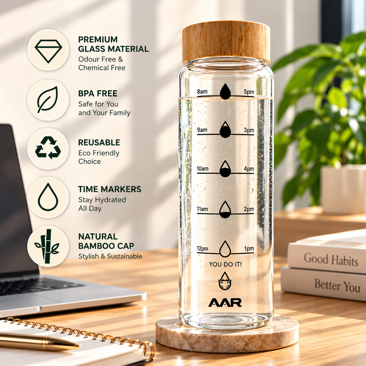 AAR Hydrate Glass Water Bottle 1200 ML with Bamboo Cap, Time Marker, Reusable Drinking Bottle for Home, Office, Gym & Travel