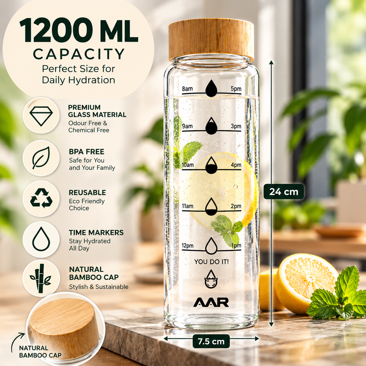 AAR Hydrate Glass Water Bottle 1200 ML with Bamboo Cap, Time Marker, Reusable Drinking Bottle for Home, Office, Gym & Travel