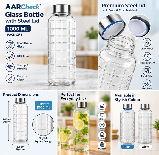 AARCheck Steel Lid Glass Bottle 1000 ML, Blue/White, Reusable Water Bottle