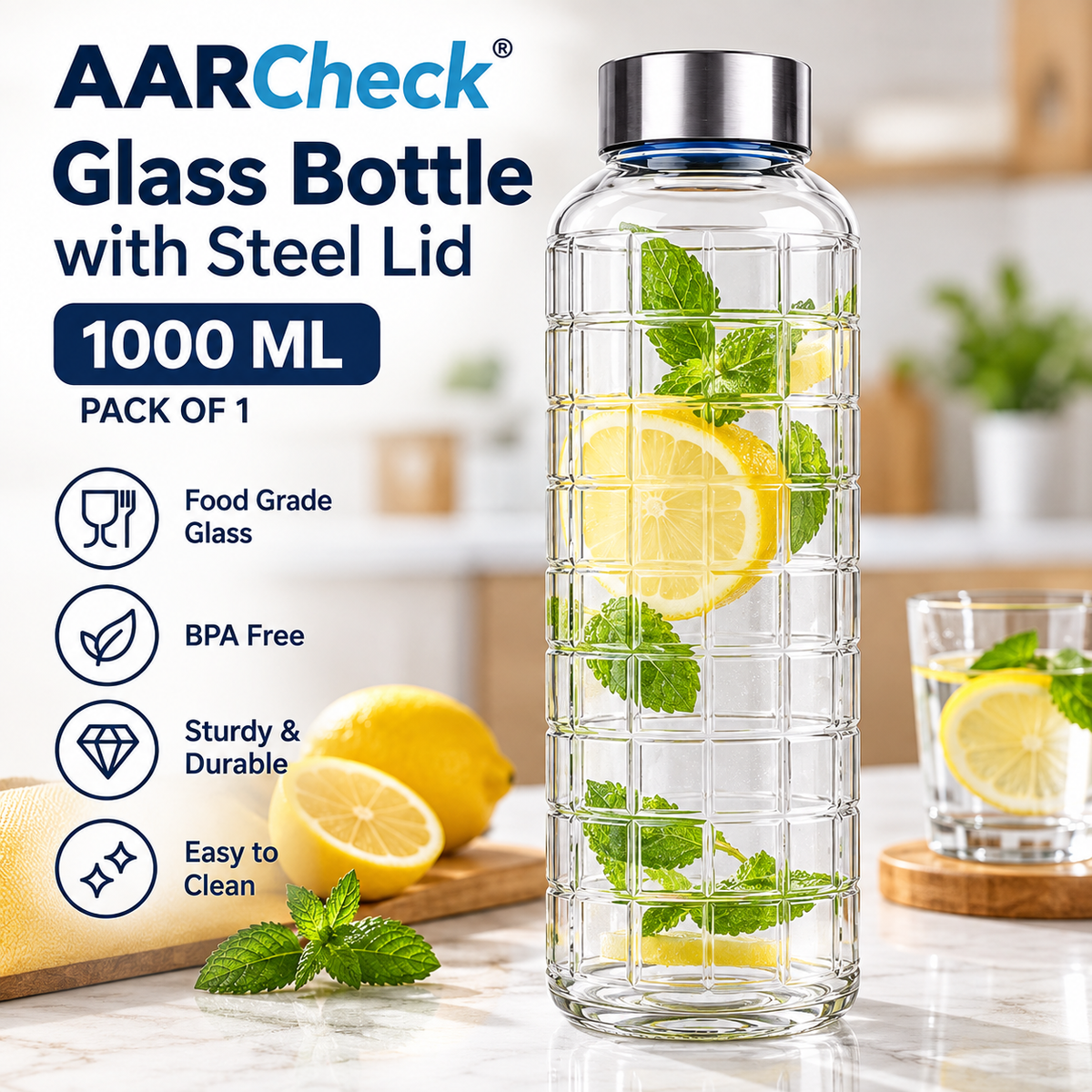 AARCheck Steel Lid Glass Bottle 1000 ML, Blue/White, Reusable Water Bottle