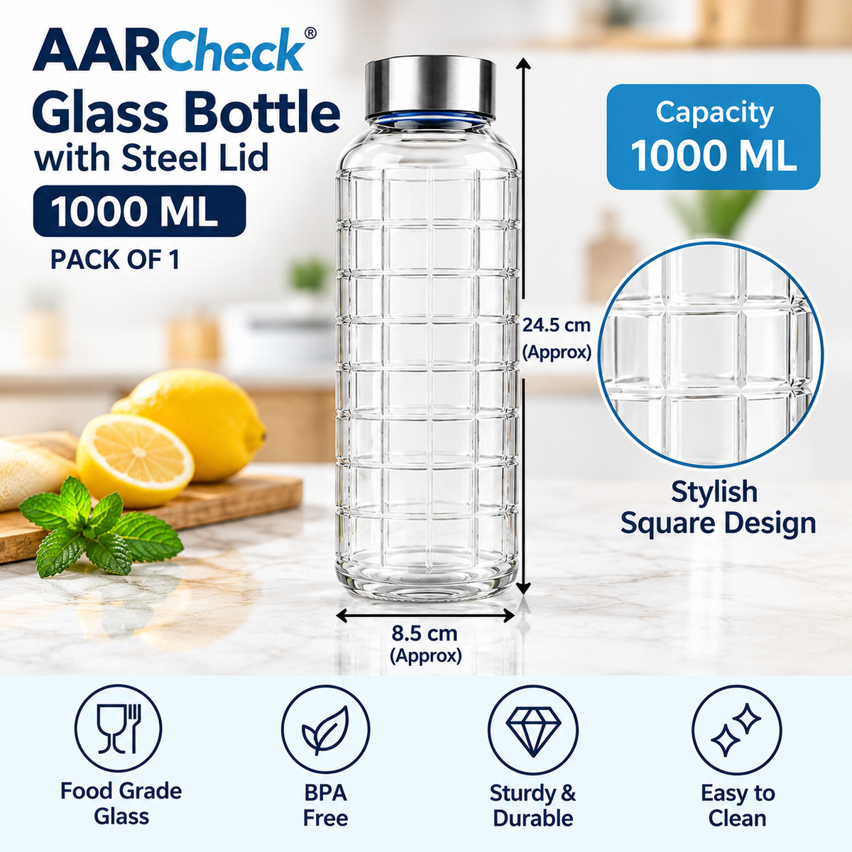 AARCheck Steel Lid Glass Bottle 1000 ML, Blue/White, Reusable Water Bottle