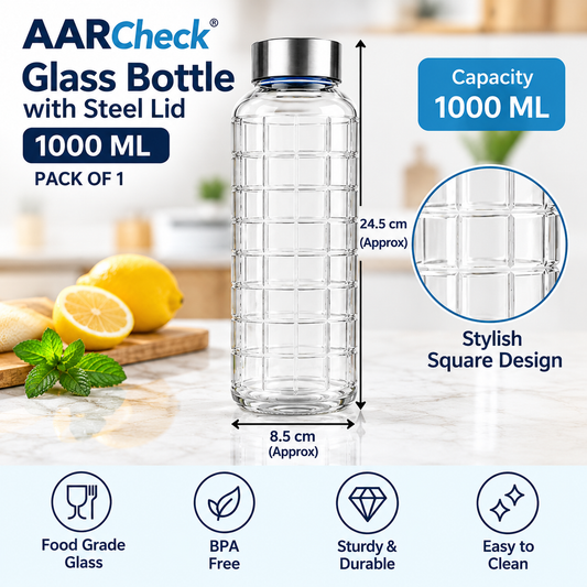 AAR Check Steel Lid Glass Bottle 1000 ML, Blue/White, Reusable Water Bottle