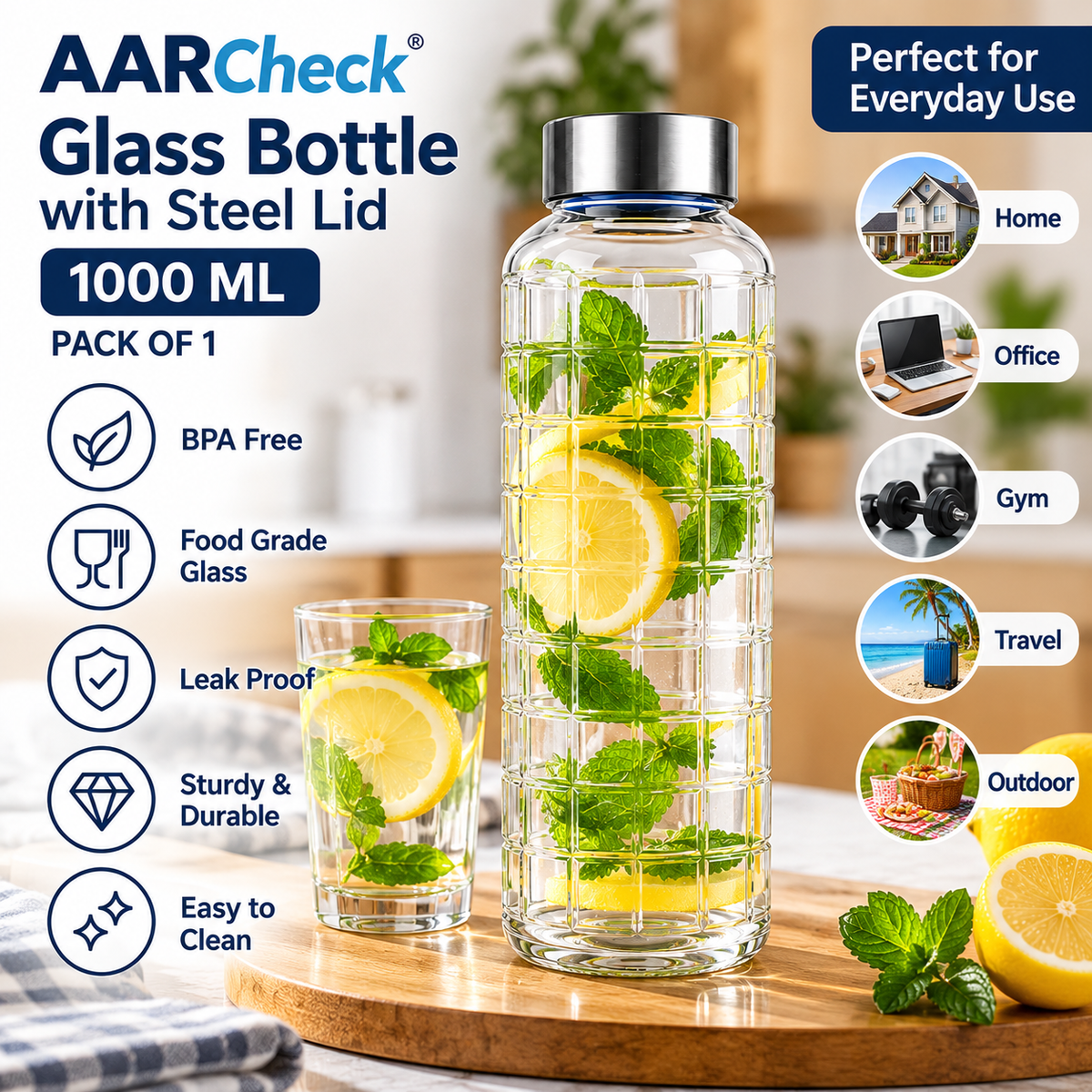 AARCheck Steel Lid Glass Bottle 1000 ML, Blue/White, Reusable Water Bottle