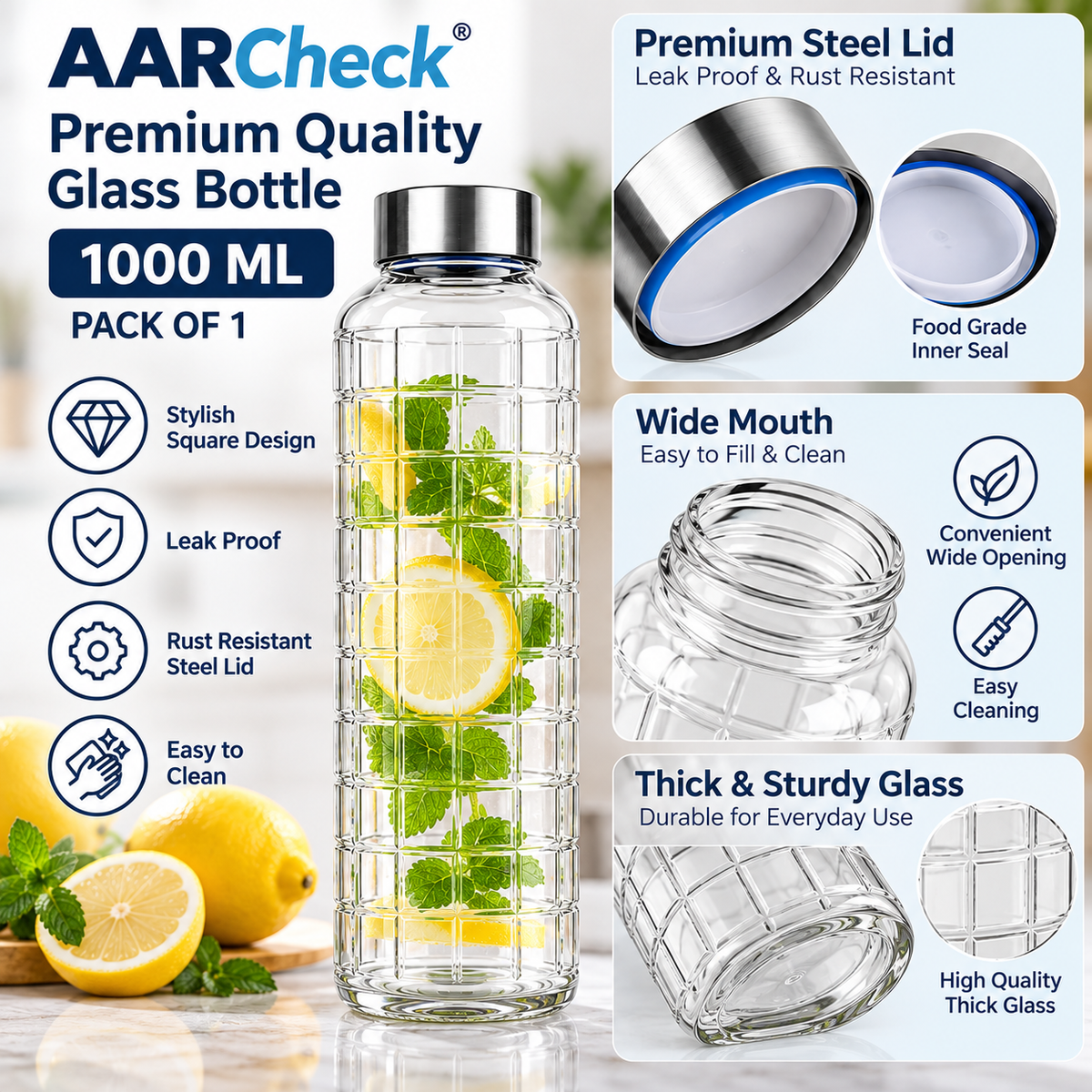 AARCheck Steel Lid Glass Bottle 1000 ML, Blue/White, Reusable Water Bottle