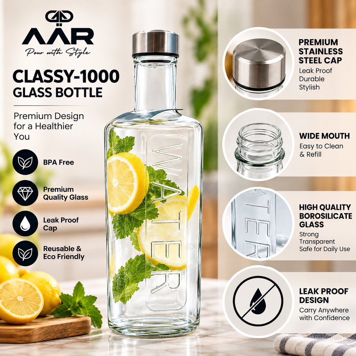AAR Classy-1000 Glass Water Bottle 1000 ML with Stainless Steel Cap, Reusable Drinking Bottle for Home, Office, Gym & Travel