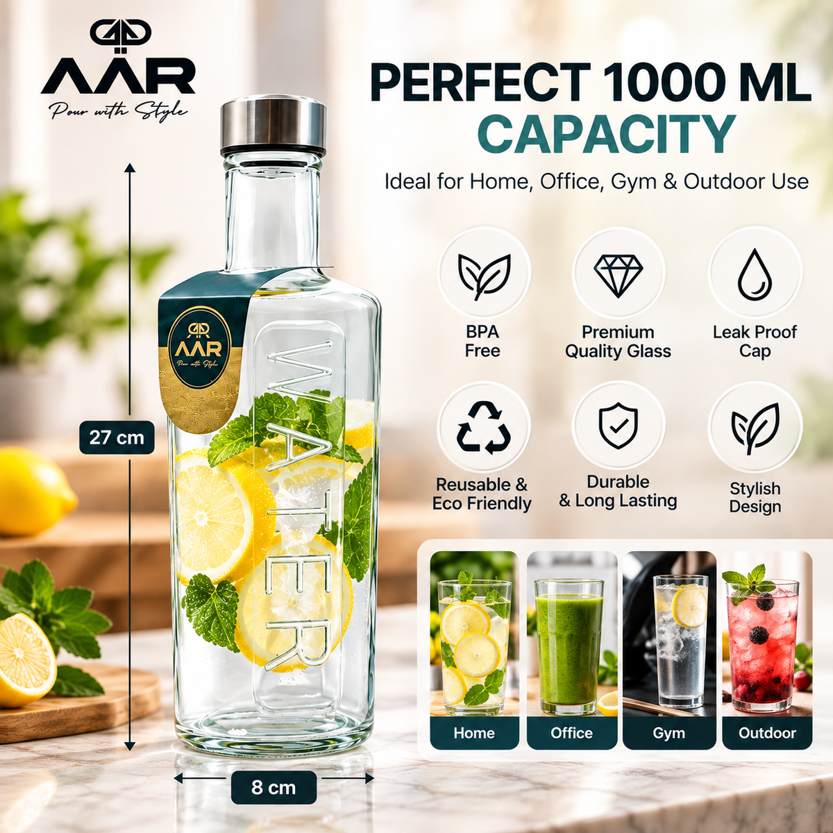 AAR Classy-1000 Glass Water Bottle 1000 ML with Stainless Steel Cap, Reusable Drinking Bottle for Home, Office, Gym & Travel