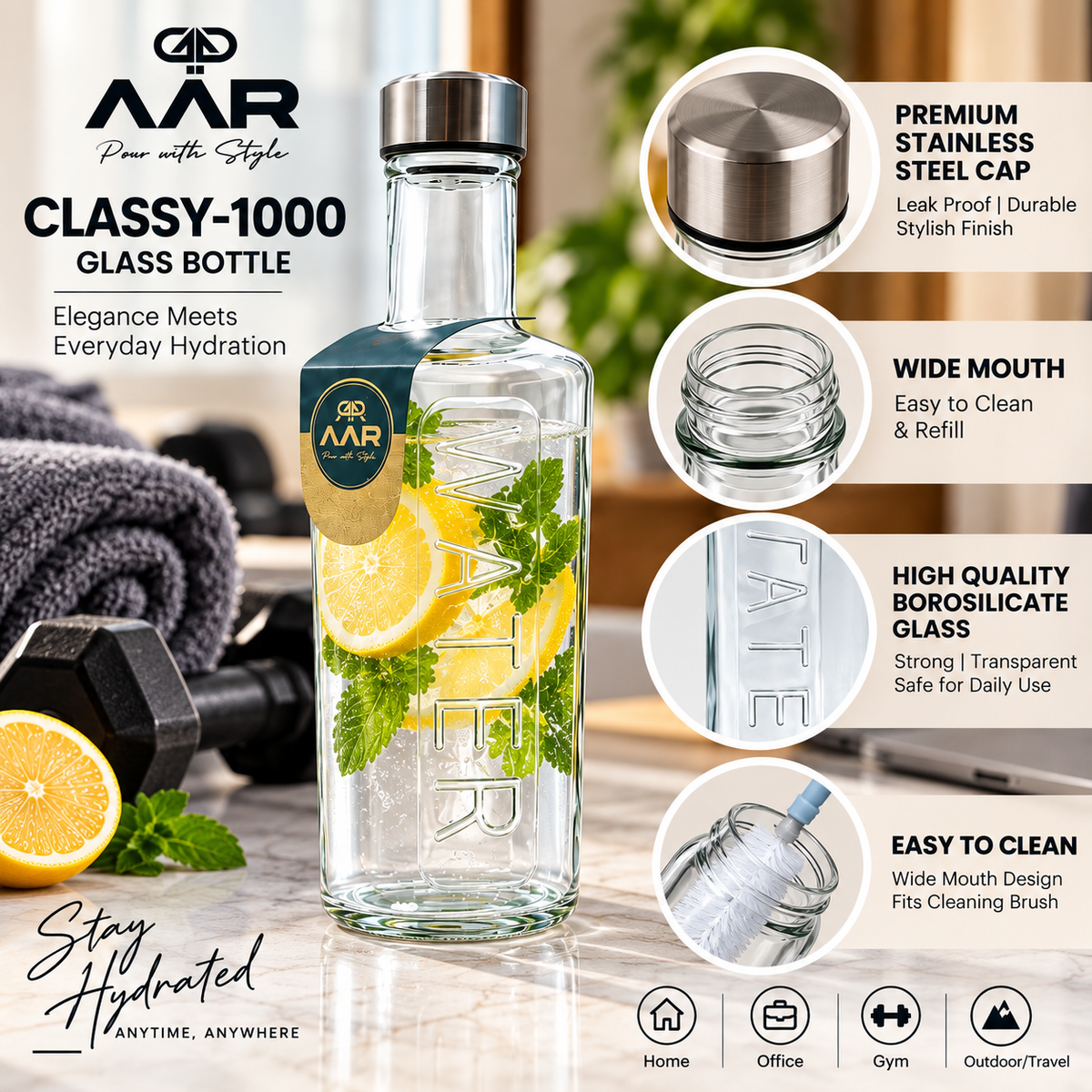 AAR Classy-1000 Glass Water Bottle 1000 ML with Stainless Steel Cap, Reusable Drinking Bottle for Home, Office, Gym & Travel