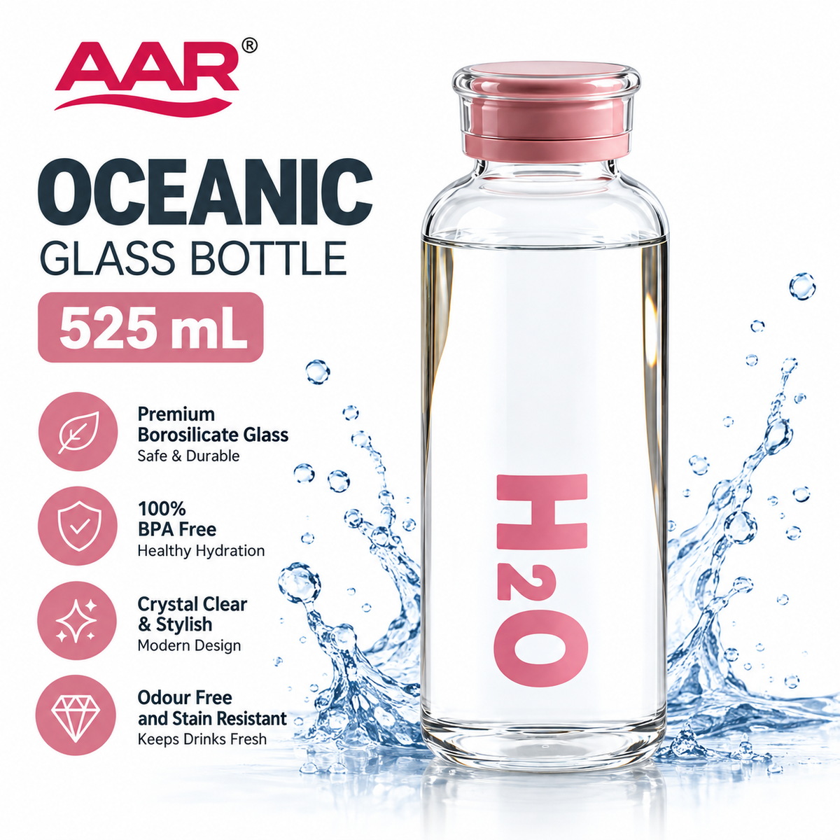 AAR Oceanic Glass Bottle 525 mL | Premium Glass Water Bottle with Pink Cap | Stylish Reusable Bottle for Home, Office & Travel