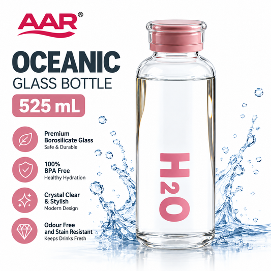 AAR Oceanic Glass Bottle 525 mL | Premium Glass Water Bottle with Pink Cap | Stylish Reusable Bottle for Home, Office & Travel