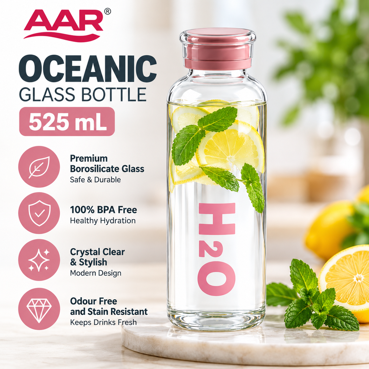 AAR Oceanic Glass Bottle 525 mL | Premium Glass Water Bottle with Pink Cap | Stylish Reusable Bottle for Home, Office & Travel