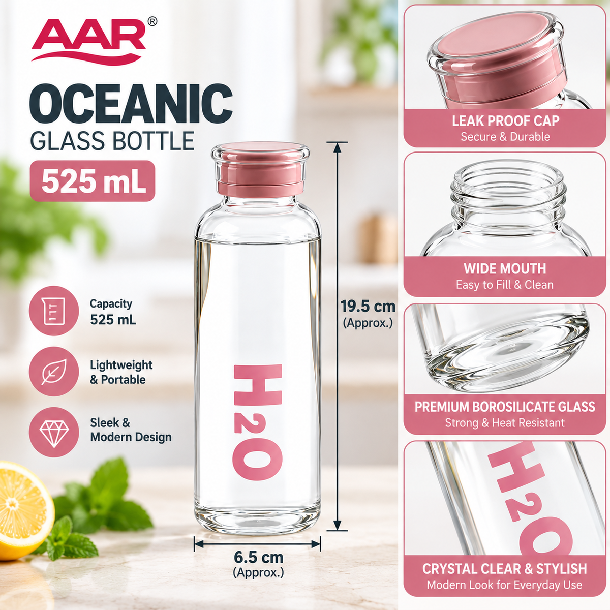 AAR Oceanic Glass Bottle 525 mL | Premium Glass Water Bottle with Pink Cap | Stylish Reusable Bottle for Home, Office & Travel