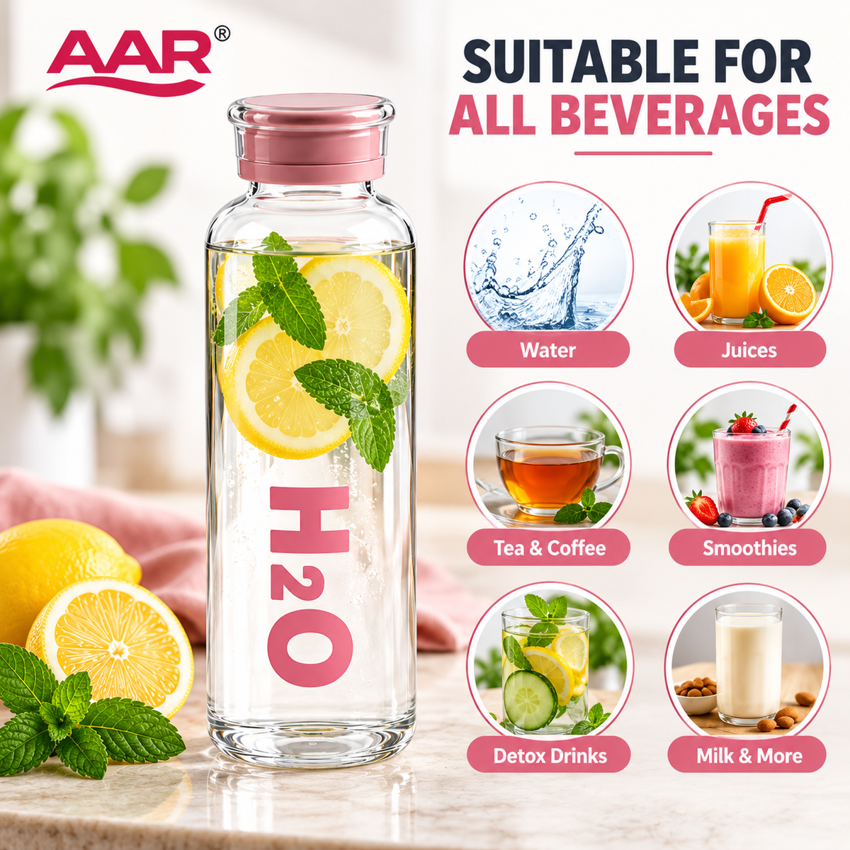 AAR Oceanic Glass Bottle 525 mL | Premium Glass Water Bottle with Pink Cap | Stylish Reusable Bottle for Home, Office & Travel
