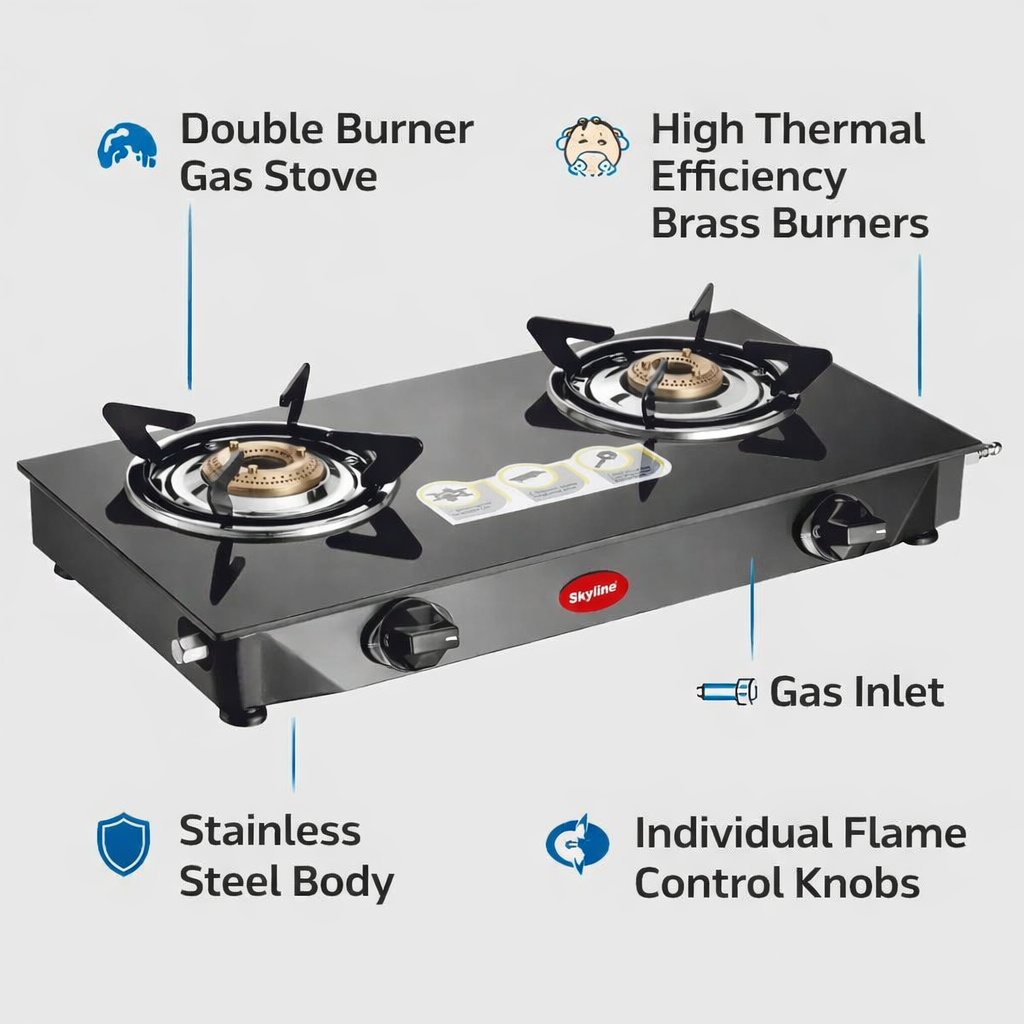 Skyline Double Burner Gas Stove | High Efficiency Brass Burners | Stainless Steel Body VTL - 2323