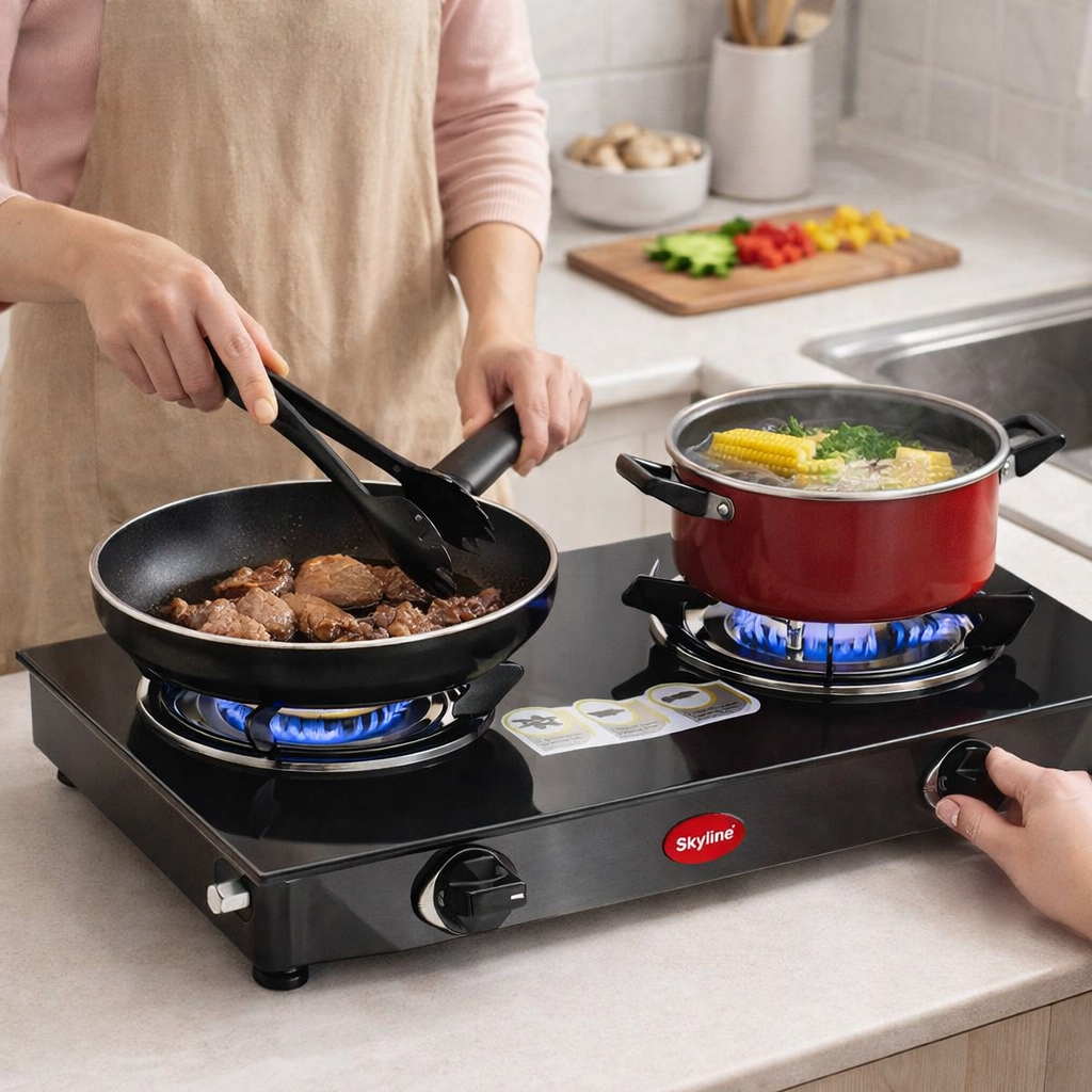 Skyline Double Burner Gas Stove | High Efficiency Brass Burners | Stainless Steel Body VTL - 2323