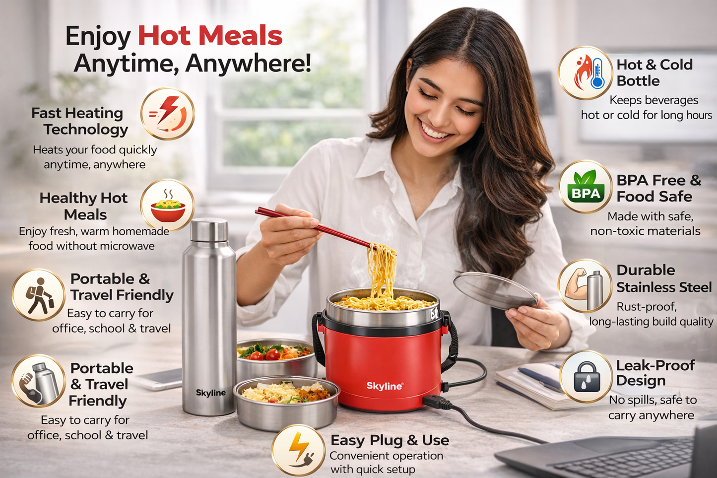 Skyline Lunch Combo: Electric Lunch Box & Stainless Steel Bottle – Your Perfect Mealtime Partner