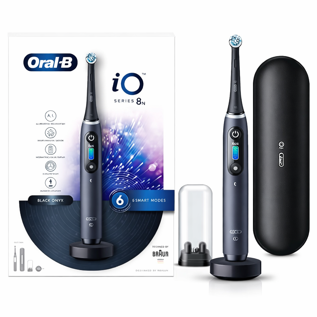 Oral-B iO8 Ultimate Electric Toothbrush, 6 Smart Modes, Pressure Sensor, Interactive Display & AI Personalization, 3hr Quick Charge, 2 Year Warranty by Oral B, IPX7, Travel case & refill holder