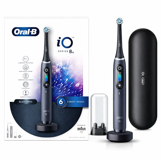 Oral-B iO8 Ultimate Electric Toothbrush, 6 Smart Modes, Pressure Sensor, Interactive Display & AI Personalization, 3hr Quick Charge, 2 Year Warranty by Oral B, IPX7, Travel case & refill holder