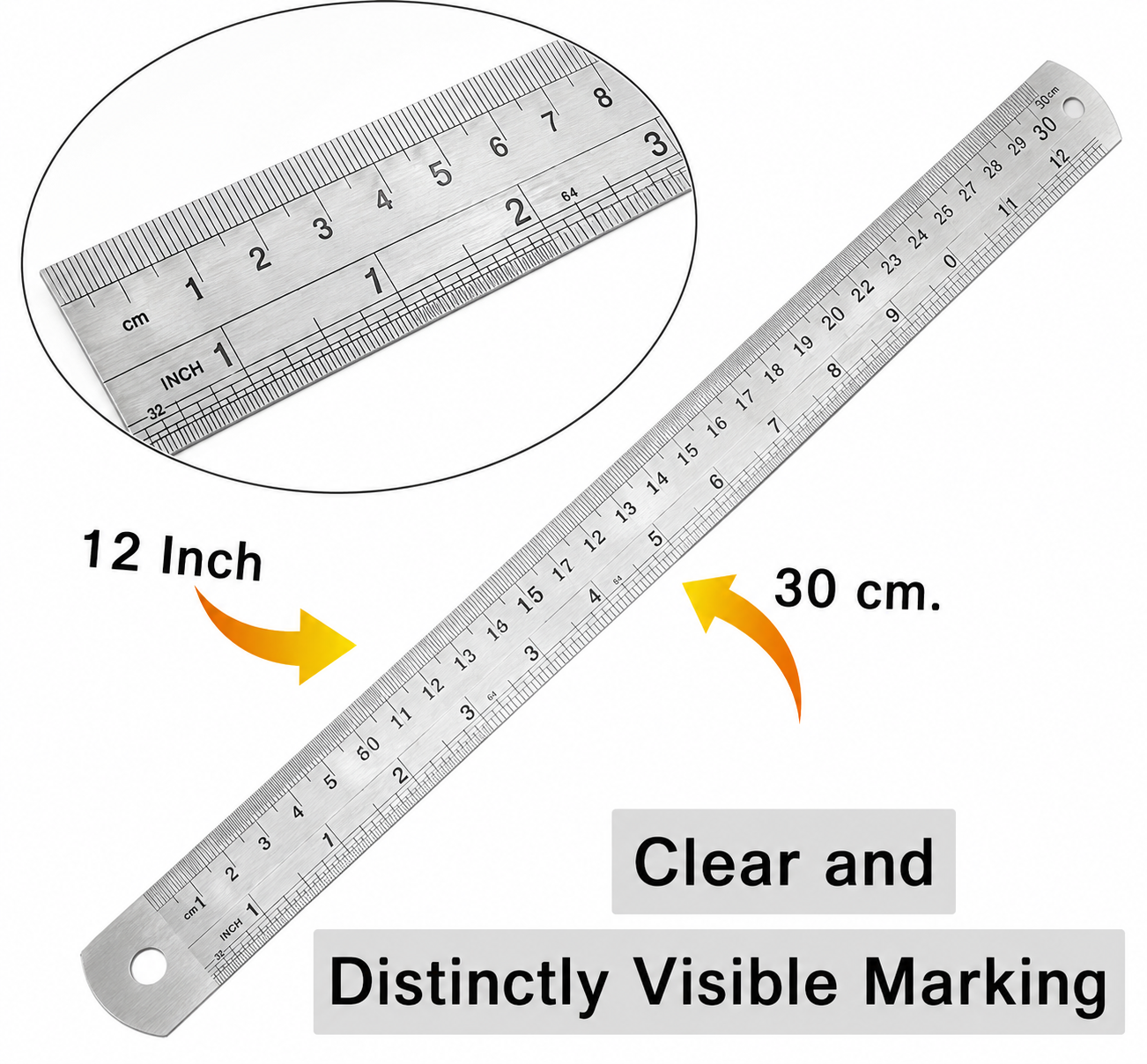 Ajanta Easy Foot Ruler 30cm (12 Inch) Stainless Steel Scale | Double-Sided Metric & Imperial Markings | Durable Metal Measuring Ruler for Students, Engineers, Architects & Office Use