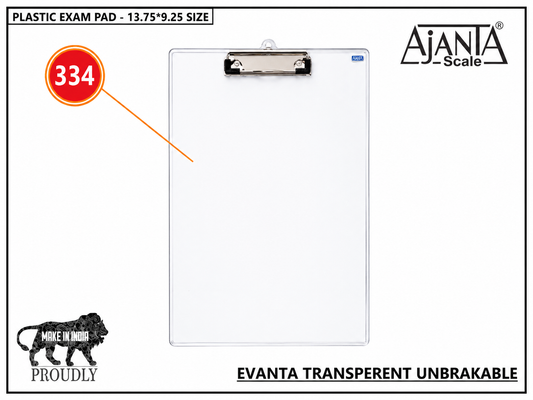 Ajanta Evanta 334 Transparent Plastic Exam Pad | Unbreakable Clipboard | 13.75 x 9.25 Inch | Heavy Duty Metal Clip | Ideal for Exams, Offices, Schools & Writing Support