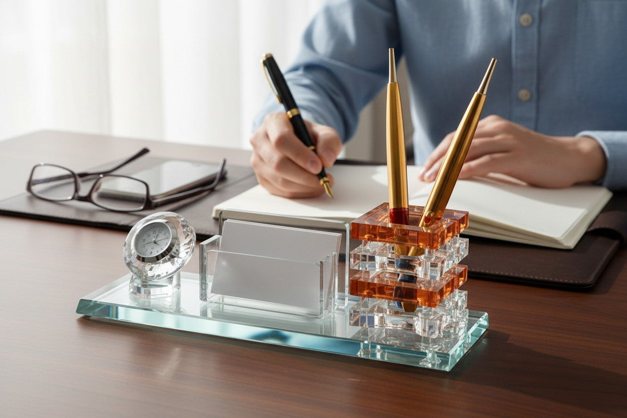 Crystal Pen Holder with Clock