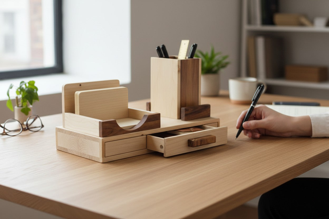 wooden desk organizer with drawer