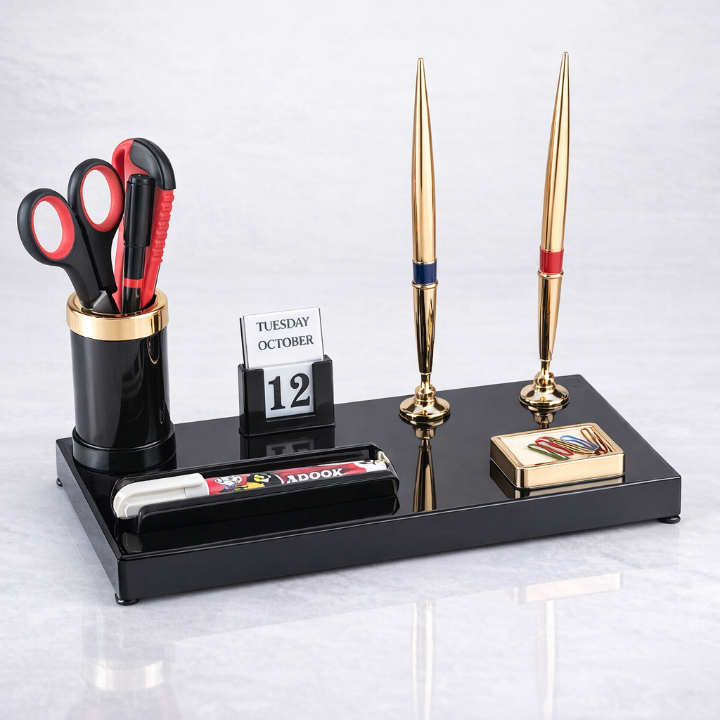 Kebica Premium Plastic Desk Organizer with Pen Holders, Calendar & Stationery Tray – Office Table Organizer