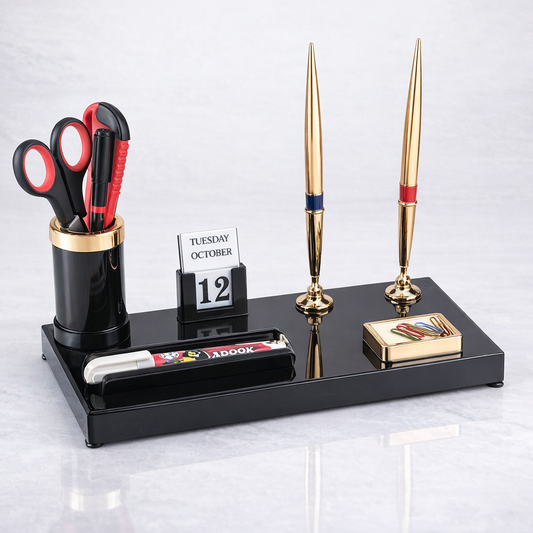 Kebica Premium Plastic Desk Organizer with Pen Holders, Calendar & Stationery Tray – Office Table Organizer