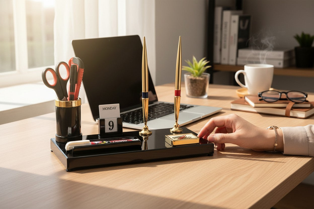 Kebica Premium Plastic Desk Organizer with Pen Holders, Calendar & Stationery Tray – Office Table Organizer