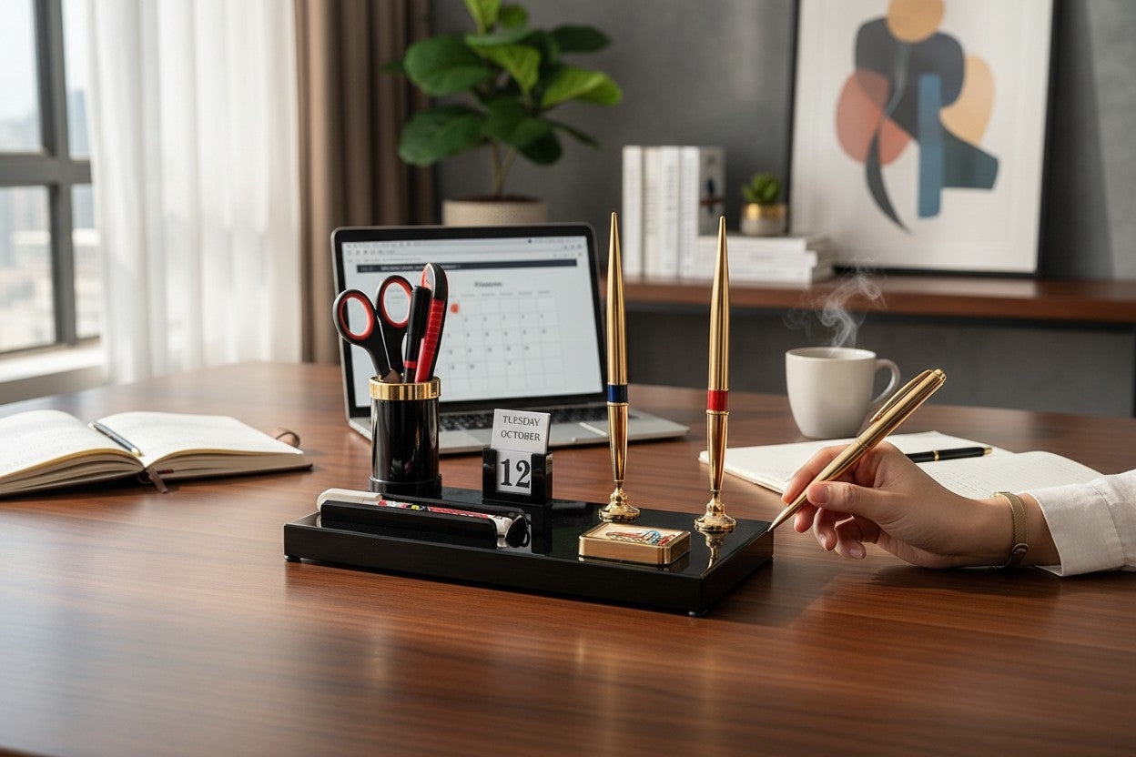 Kebica Premium Plastic Desk Organizer with Pen Holders, Calendar & Stationery Tray – Office Table Organizer