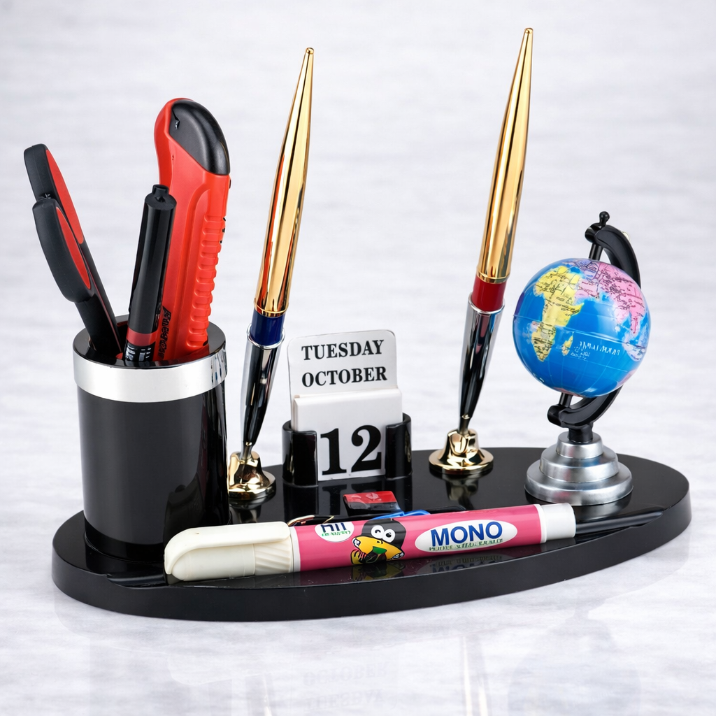 Kebica Plastic Oval Desk Organizer with 2 Pen Holder, Globe & Perpetual Calendar – Office Table Organizer Set