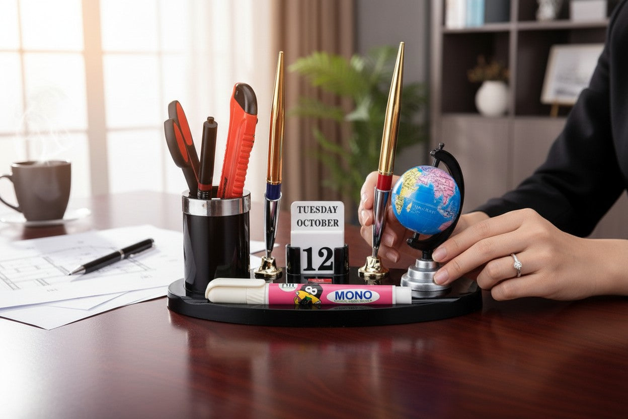 Kebica Plastic Oval Desk Organizer with 2 Pen Holder, Globe & Perpetual Calendar – Office Table Organizer Set