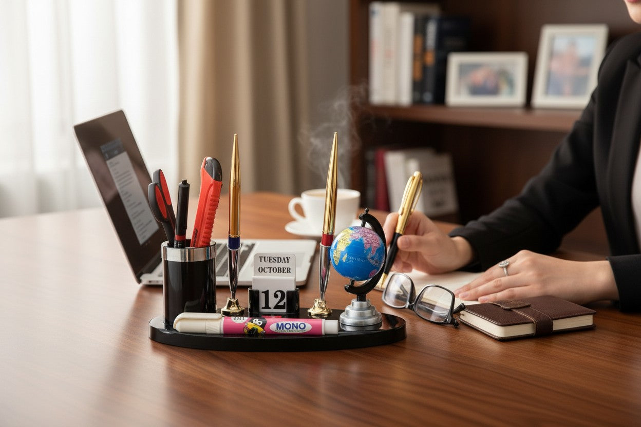 Kebica Plastic Oval Desk Organizer with 2 Pen Holder, Globe & Perpetual Calendar – Office Table Organizer Set