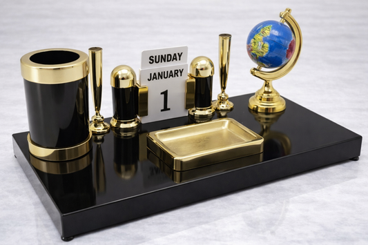 Kebica Premium Plastic Desk Organizer with Globe, Pen Holder & Perpetual Calendar – Luxury Office Table Organizer Set