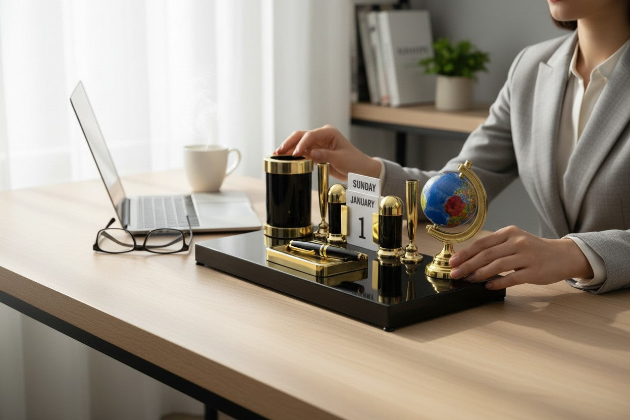 Kebica Premium Plastic Desk Organizer with Globe, Pen Holder & Perpetual Calendar – Luxury Office Table Organizer Set
