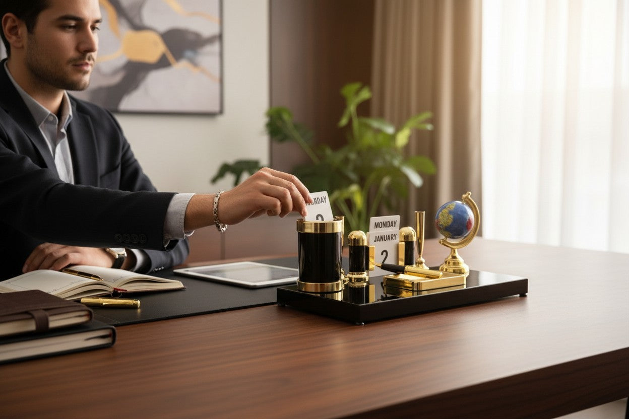 Kebica Premium Plastic Desk Organizer with Globe, Pen Holder & Perpetual Calendar – Luxury Office Table Organizer Set