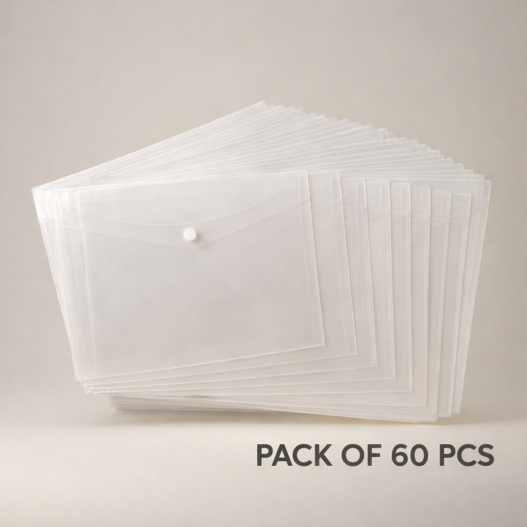 Kiya Transparent Plastic Button File Folder MCB220  – Durable Document Envelope | A4 Size Waterproof Office File | Pack of 12 / Pack of 60