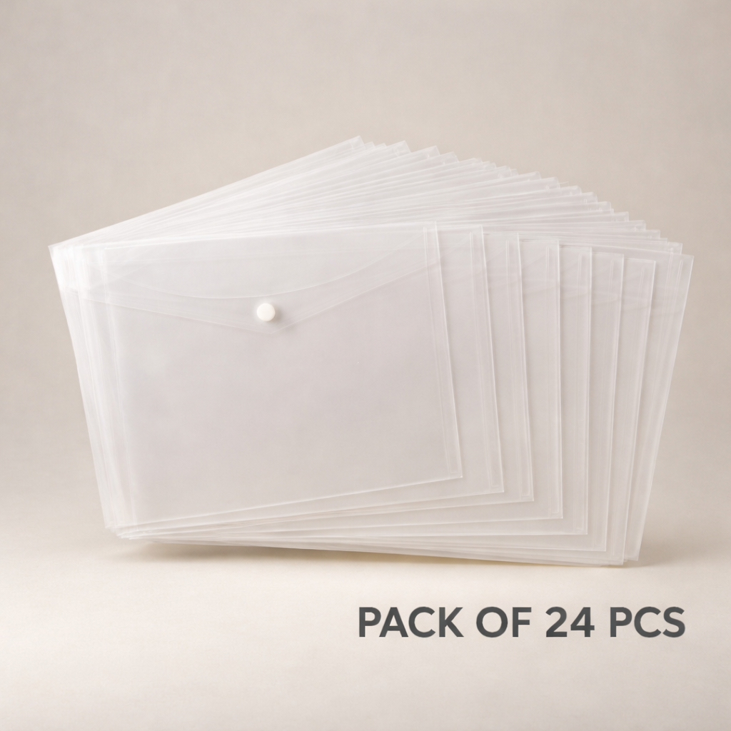 Kiya Plastic Button Closure Document Folder | Model MCB-223 | Transparent Waterproof Office Envelope File | Pack of 24