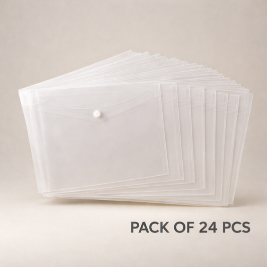 Kiya Plastic Button Closure Document Folder | Model MCB-223 | Transparent Waterproof Office Envelope File | Pack of 24