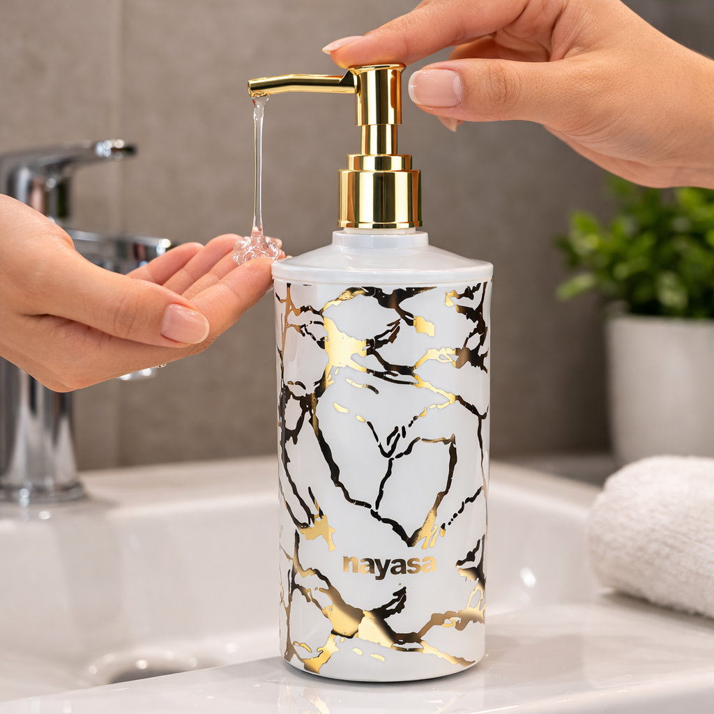 Nayasa Marble Soap Dispenser with Gold Pump | Refillable Handwash Bottle