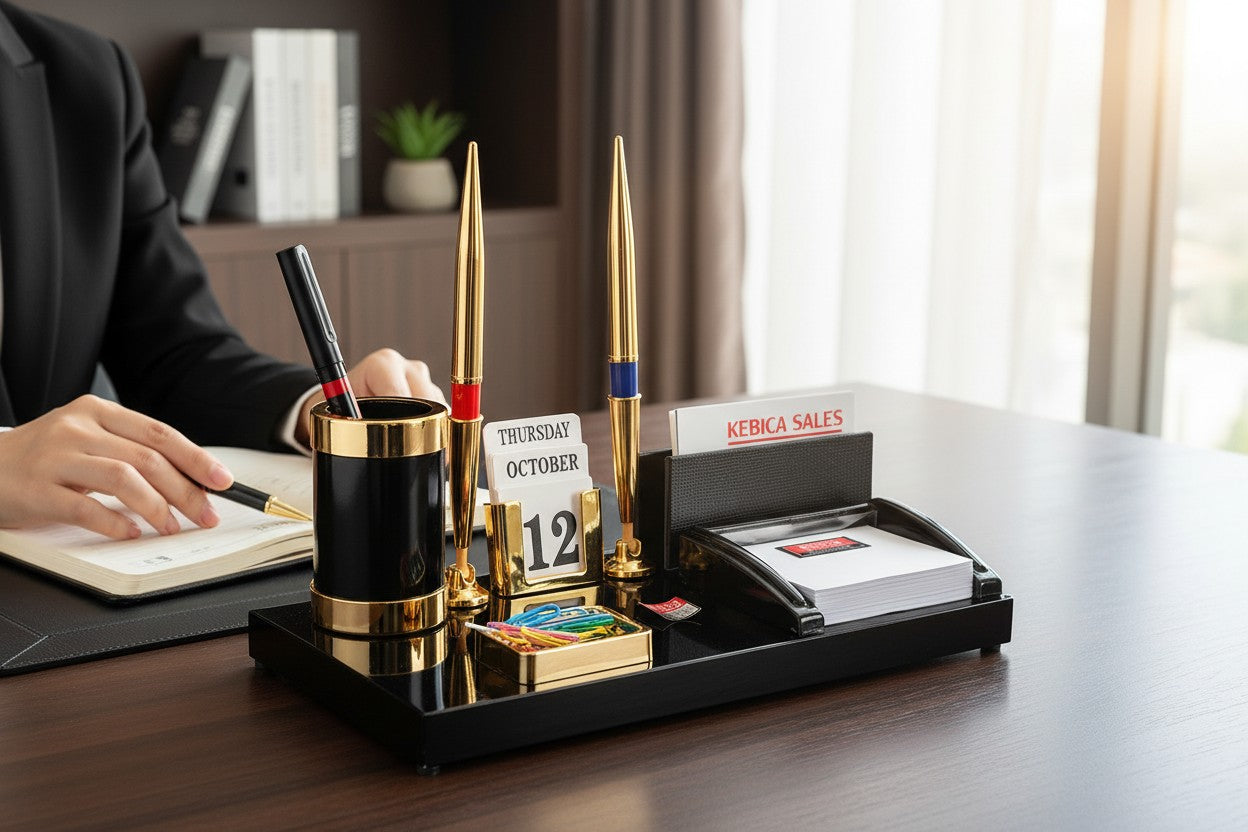 KEBICA Premium Wooden Desk Organizer Set with Pen Stand, Calendar & Memo Holder – Elegant Office Table Accessory