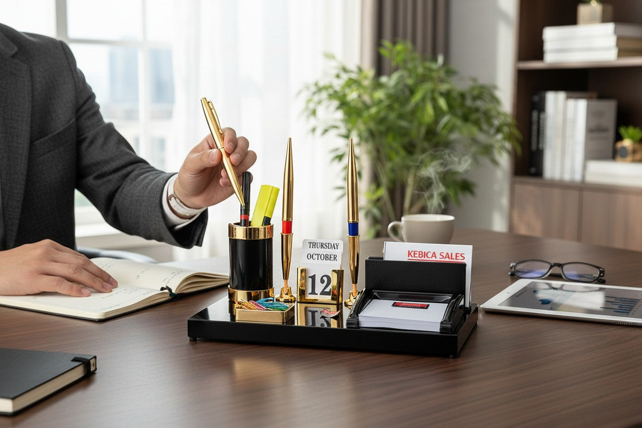 KEBICA Premium Wooden Desk Organizer Set with Pen Stand, Calendar & Memo Holder – Elegant Office Table Accessory
