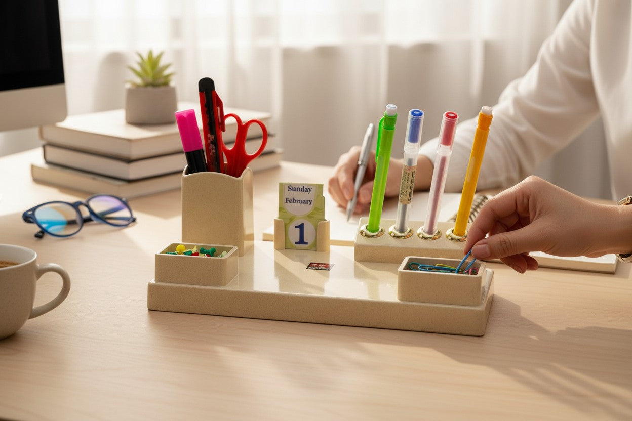 Premium Office Desk Organizer Pen Holder with Mini Calendar (23 × 12.5 cm)