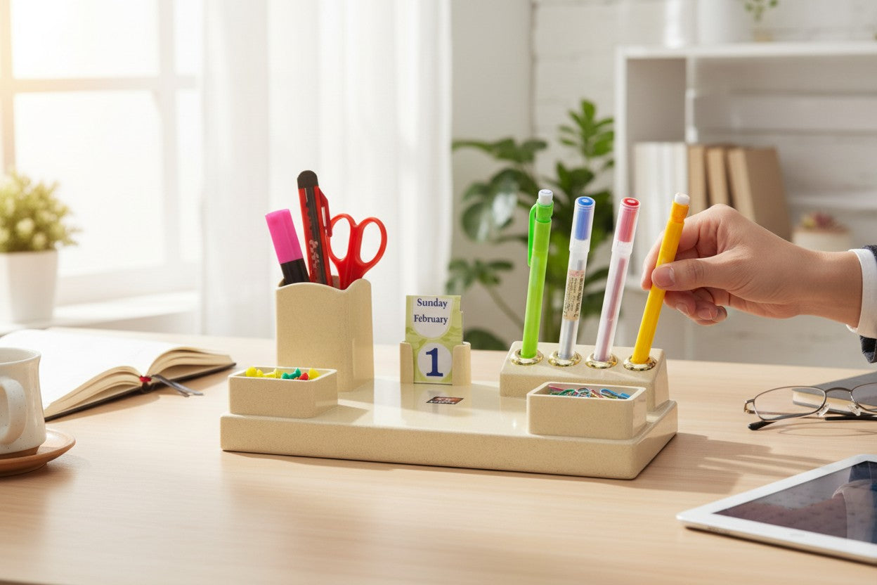 Premium Office Desk Organizer Pen Holder with Mini Calendar (23 × 12.5 cm)