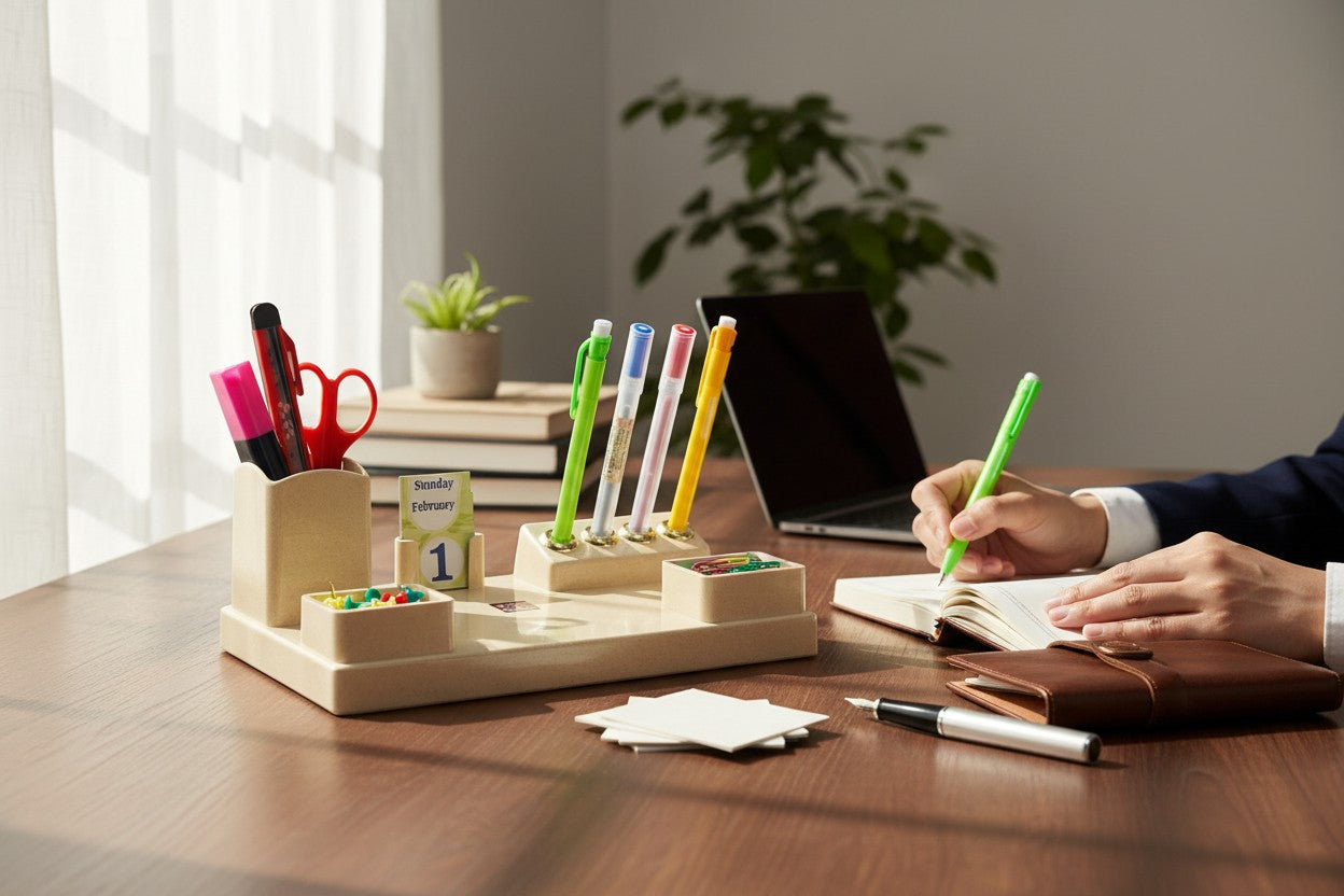 Premium Office Desk Organizer Pen Holder with Mini Calendar (23 × 12.5 cm)