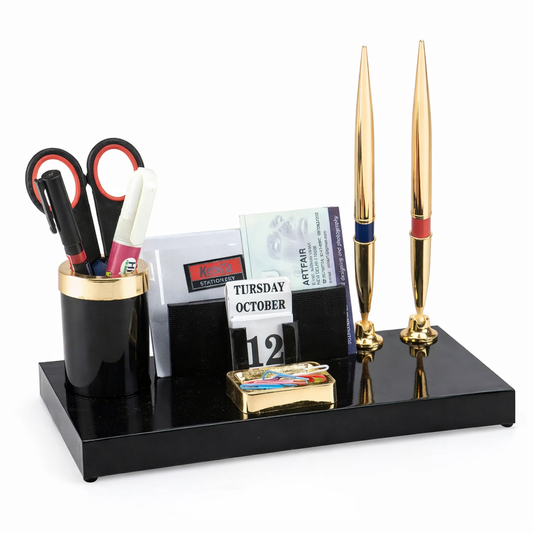 Executive Black & Gold Desk Organizer with Dual Premium Pens, Calendar & Card Holder