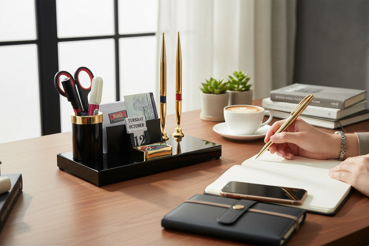 Executive Black & Gold Desk Organizer with Dual Premium Pens, Calendar & Card Holder
